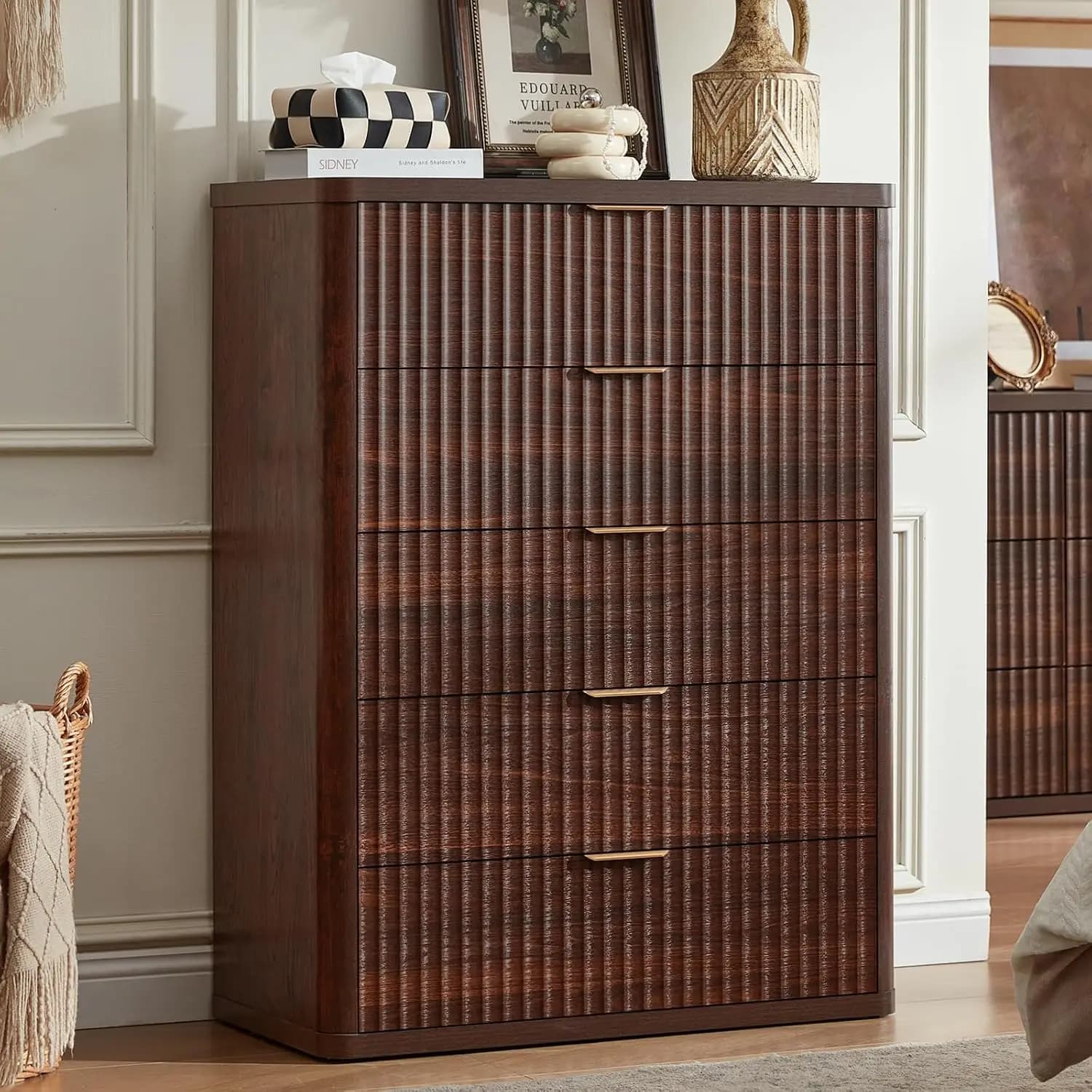 Modern 5-Drawer Tall Dresser with Metal Handle, Curved Wood Chest for Bedroom Closet TV Stand Living Room Hallway, Customized