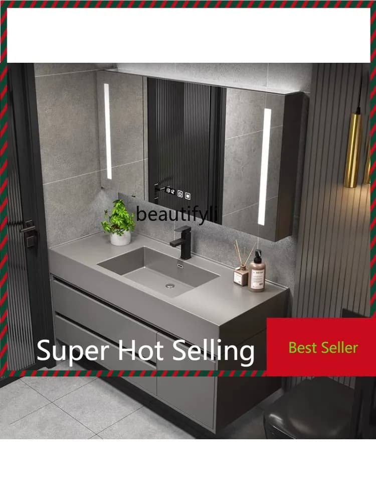 M71 Mobile da bagno integrato con piastra in pietra, lavabo, combinazione di mobili da bagno, armadietto con specchio intelligente, lavabo moderno Minima