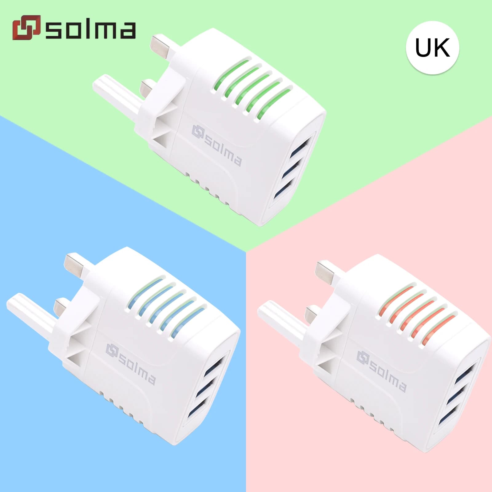 Nuovo caricatore di ricarica LED standard britannico Spina USB a 3 porte per adattatore stile universale per caricabatterie da viaggio per telefono cellulare