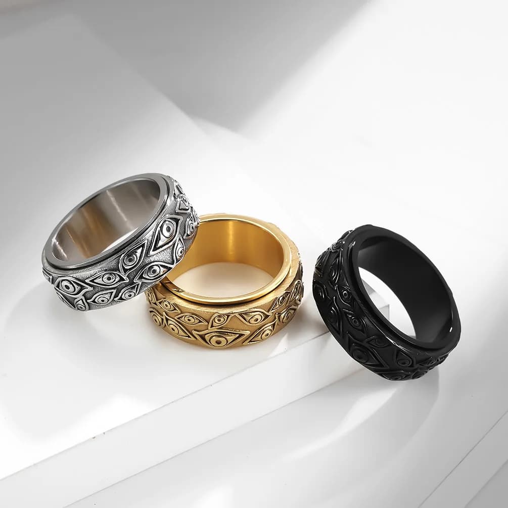 Uomo Donna Occhio di Dio Evil Eye Spinner Fidget Ring Band Acciaio inossidabile Dimensioni ruotabili # 6-13
