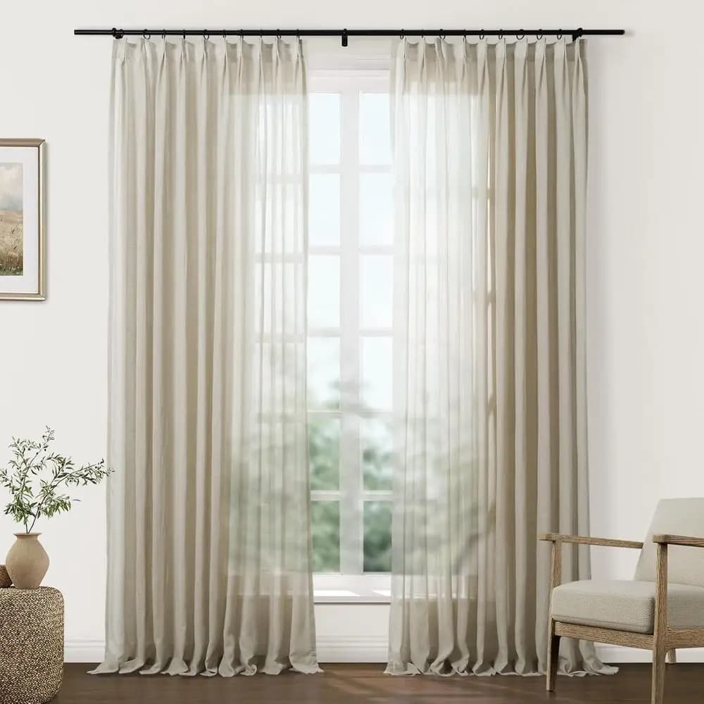 Linen-Textured Light Brown Sheer Curtains, 52 x 90, Set of 2 for Living Room or Bedroom