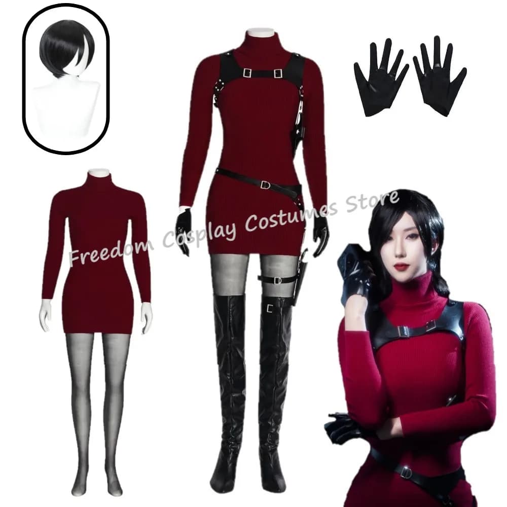 Costume da Cosplay Ada Wong per Donna, Parrucca Rossa, Abito Sexy, Cintura, Costume per Halloween e Carnevale, Travestimento per Donne Adulte