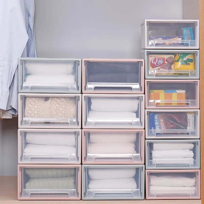 Cassetto portaoggetti impilabile per trapunta Organizzatore trasparente per cassetti per guardaroba Scatola portaoggetti per armadio domestico Scatole per articoli vari da tavolo in plastica