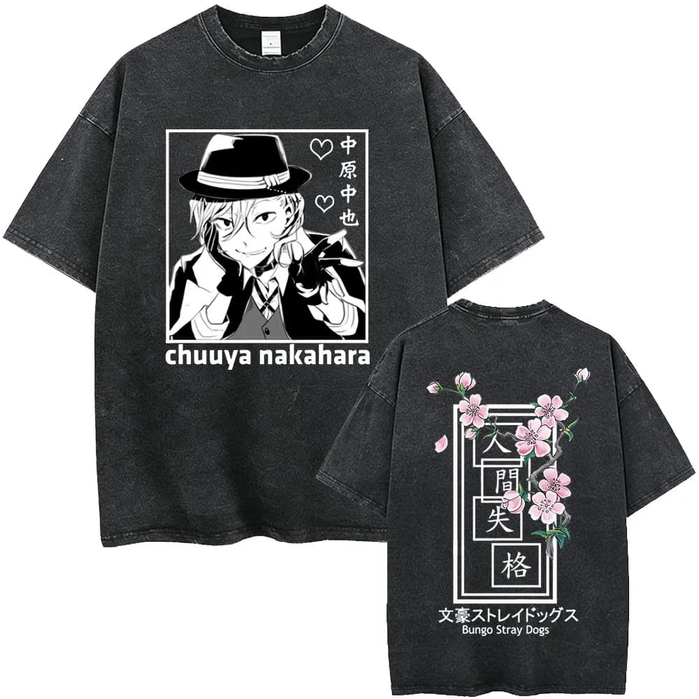 Washed Vintage Anime Bungo Stray Dogs Nakahara Chuuya Graphic T-shirt Men Casual Retro Cotton T Shirt Men's Oversized T-shirts