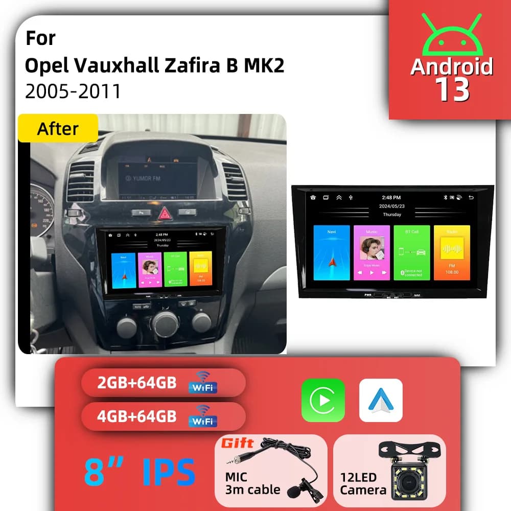 Autoradio multimediale per Opel Vauxhall Zafira B MK2 2005-2011 Carplay 2 Din Android con GPS, WIFI, schermo da 8 pollici e stereo.