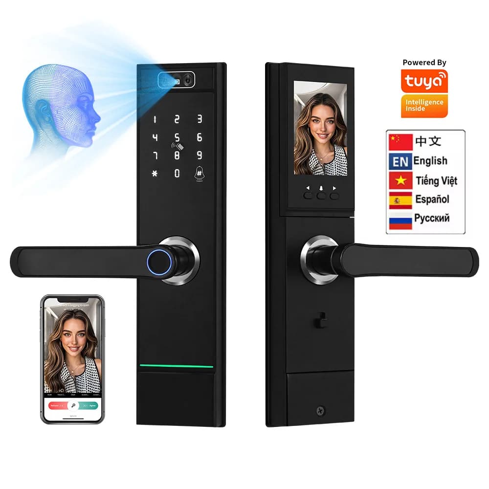 High Security Wholesale 3d Face Recognition Fingerprint Intelligent Digital Handle Lock Tuya WIFI Smart Door Lock With Camera