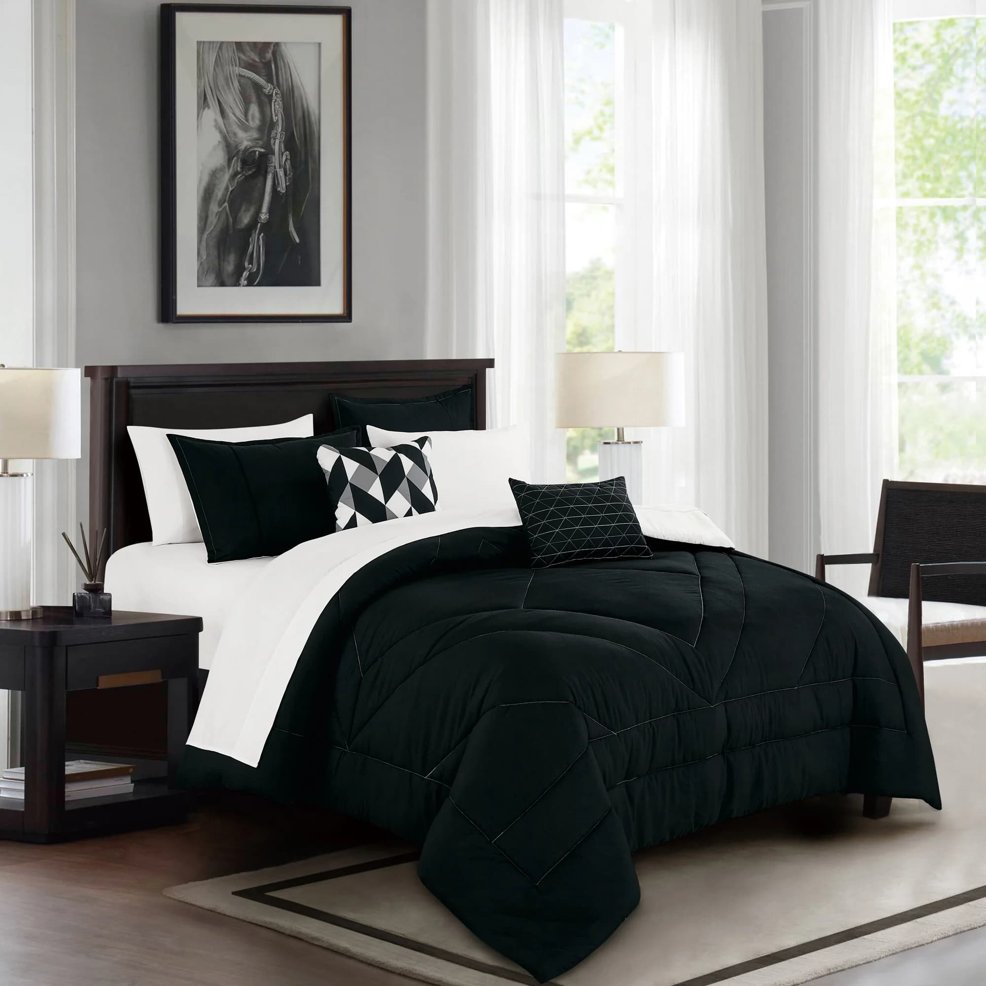 Set Copripiumino di Lusso 9 Pezzi Bianco e Nero con Lenzuola Incluse, Set Biancheria da Letto Moderno Minimalista, Morbido Microfibra Spazzolata, Queen King Cal King