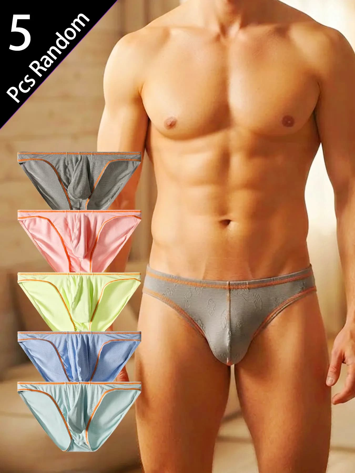 5PCS Men's Low Rise Bikini Panties, Sheer Breathable Comfort, Sexy Fit Underwear, Random Colors Daily Wear Father's Day Gift