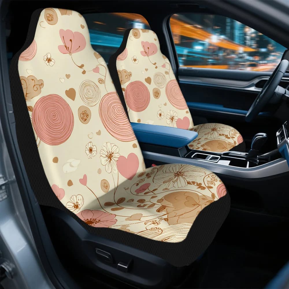 2pcs Floral Hearts And Swirls Print Car Seat Covers | Universal Auto Front Seat Protectors For Cars, SUVs & Sedans, Durable Poly