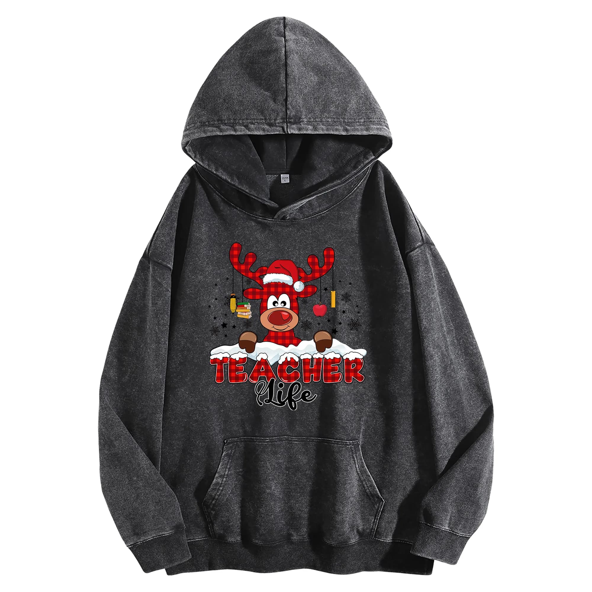Felpa con cappuccio vintage lavata con stampa grafica per insegnanti 400G Pullover streetwear oversize unisex Autunno/Inverno Natale Capodanno Edizione
