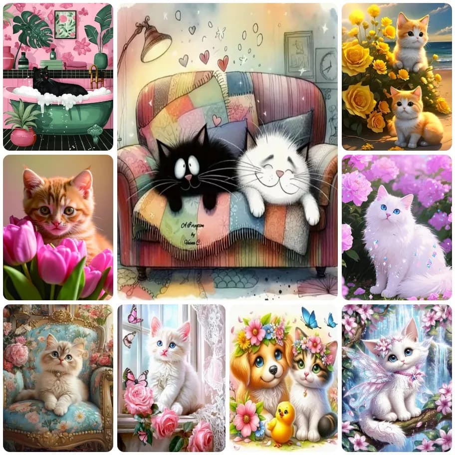 5D DIY Cute Cartoon Cat Diamond Painting, Whimsical Cats in Cozy Home and Floral Scenes, Perfect for Home Decor and Gifting