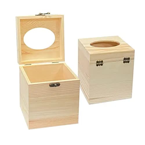 2pcs Raw Pine Wood Square Tissue Box Cover With Oval Cutout For DIY Craft And Home Decoration