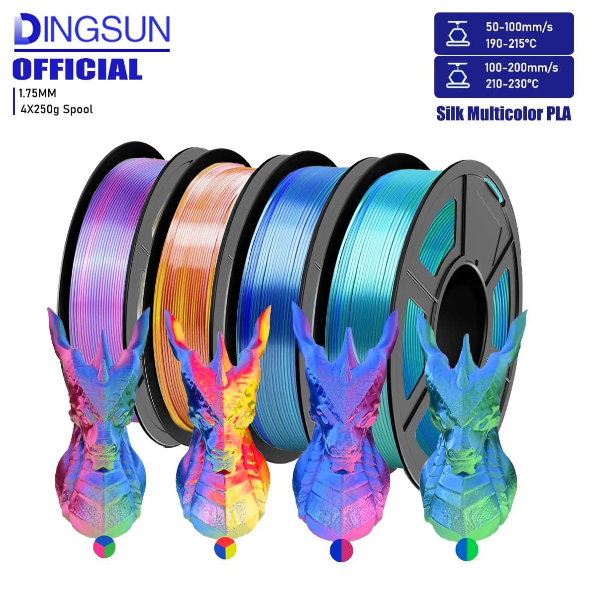 3D printer filament package, PLA 1.75 mm, tricolor printing and double filament, 250 g x 4/250 g/500 g/1000 g