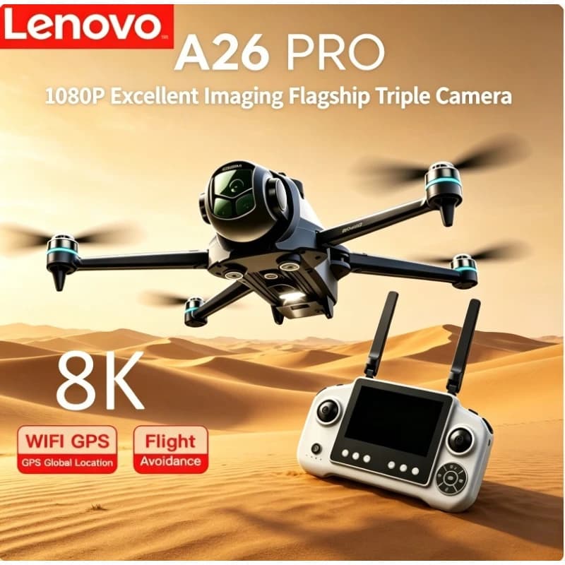 Drone Quadricottero Pieghevole Lenovo A26 Pro con Evitamento Ostacoli, Drone Lenovo A26 Pro 4K HD, Motore Brushless FPV con Tripla Fotocamera