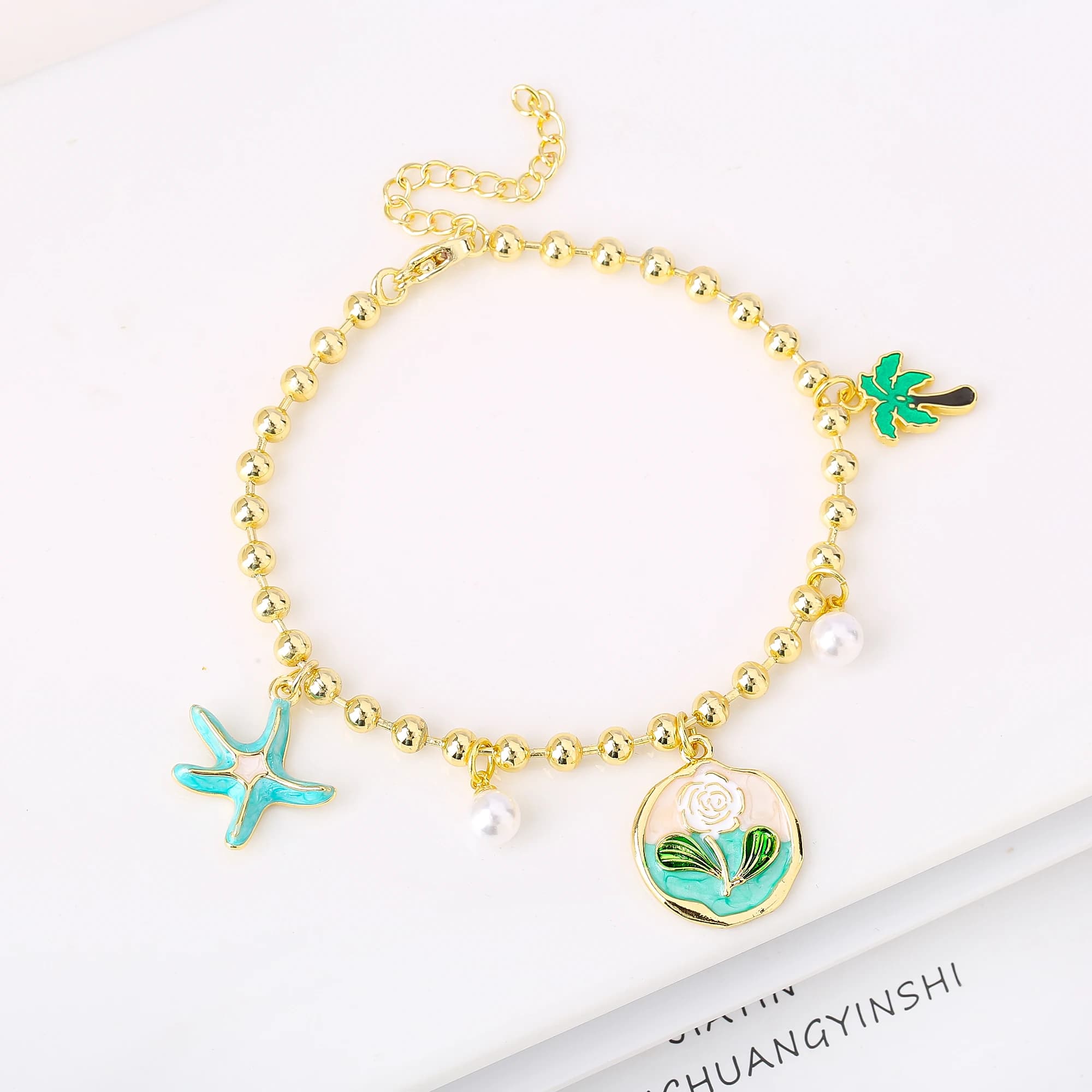Bracciale a catena con perline di rame floreale con stelle marine in metallo smaltato alla moda, affascinante per gioielli da vacanza al mare da donna