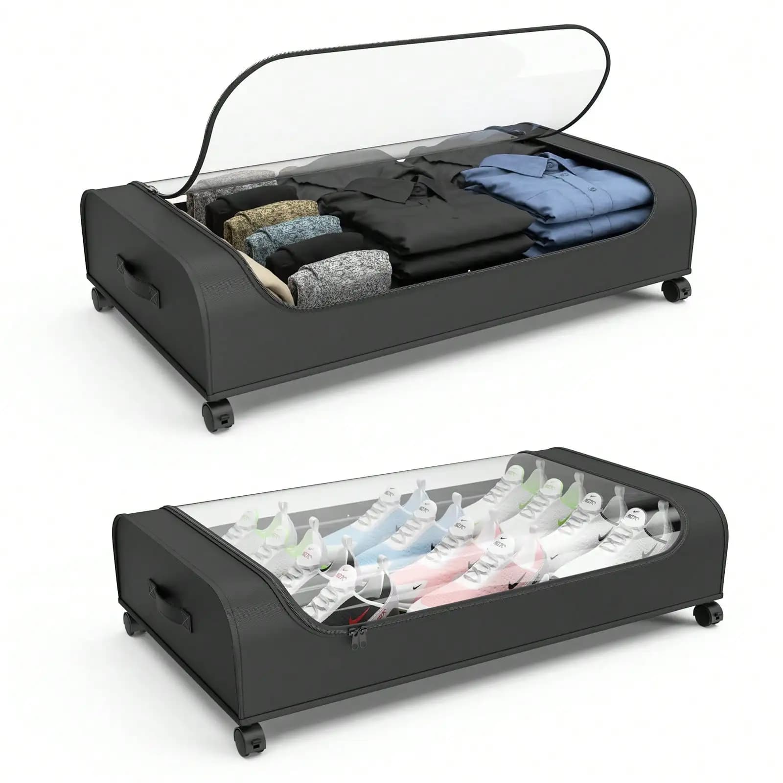 Underbed Storage Organizer With Wheels Clear Top Rolling Under Bed Storage Container Foldable Metal Frame Storage Bins With Handles For Clothes Shoes Blankets Bedroom Closet Dorm Home Organization Essentials