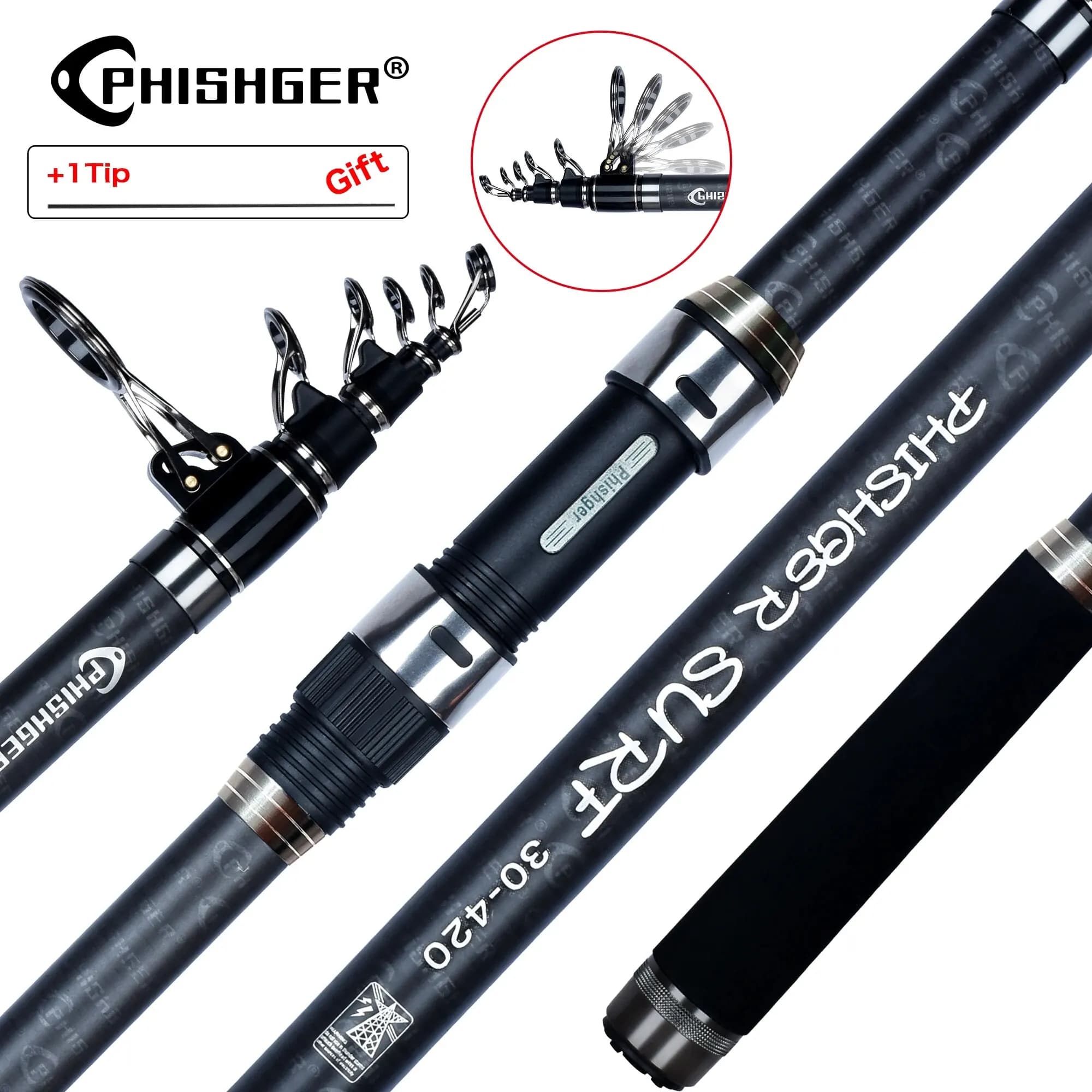 PHISHGER Canna da Spinning Telescopica per Surf 3.6/4.2/4.5m Power80-150g 30T Carbonio Viaggio Surfcasting Shore Casting Biutifu Canna da Pesca