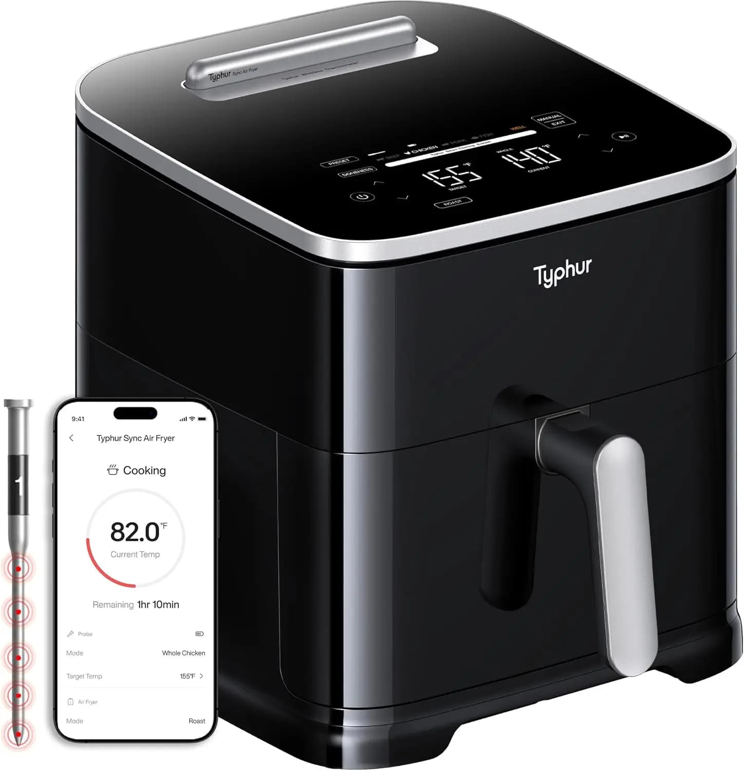 Smart Air Fryer with Wireless Thermometer, 9-in-1 XL ceramic Atoxide, 2,7 kg, Silent and Washable in Dishwasher
