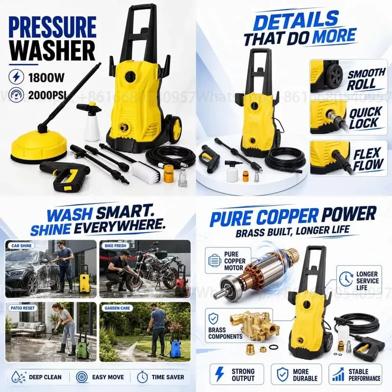 1800W Portable Electric High Pressure Washer with Hose Reel Car Washer Machine Full Accessories for Patio Garden Home