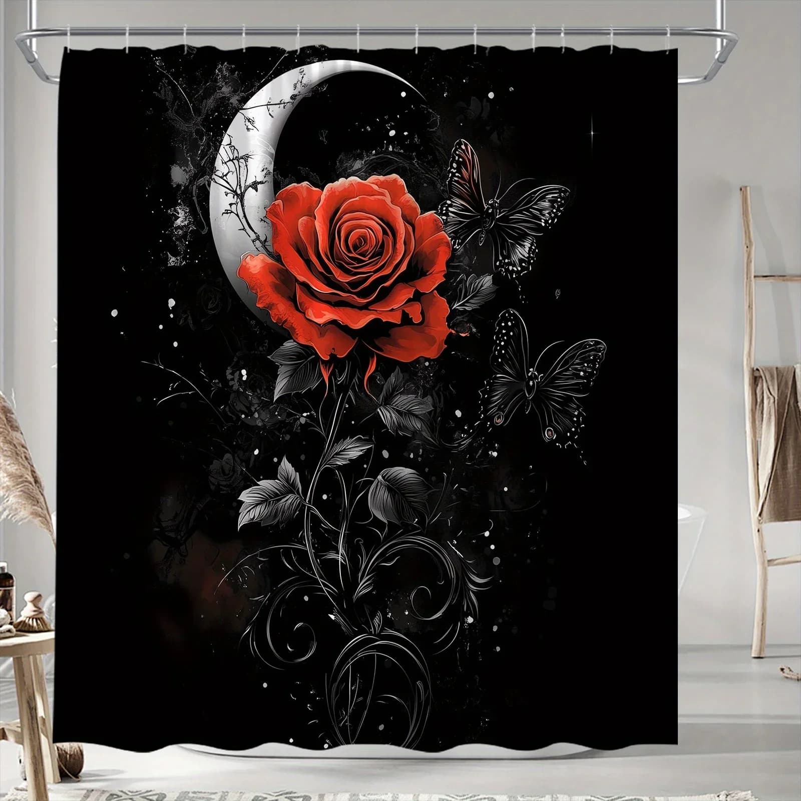 ~O~Tenda da doccia rosa rossa brillante - Luna e farfalle, tema fantasy gotico etereo, 12 ganci, 70,8x70,8 pollici