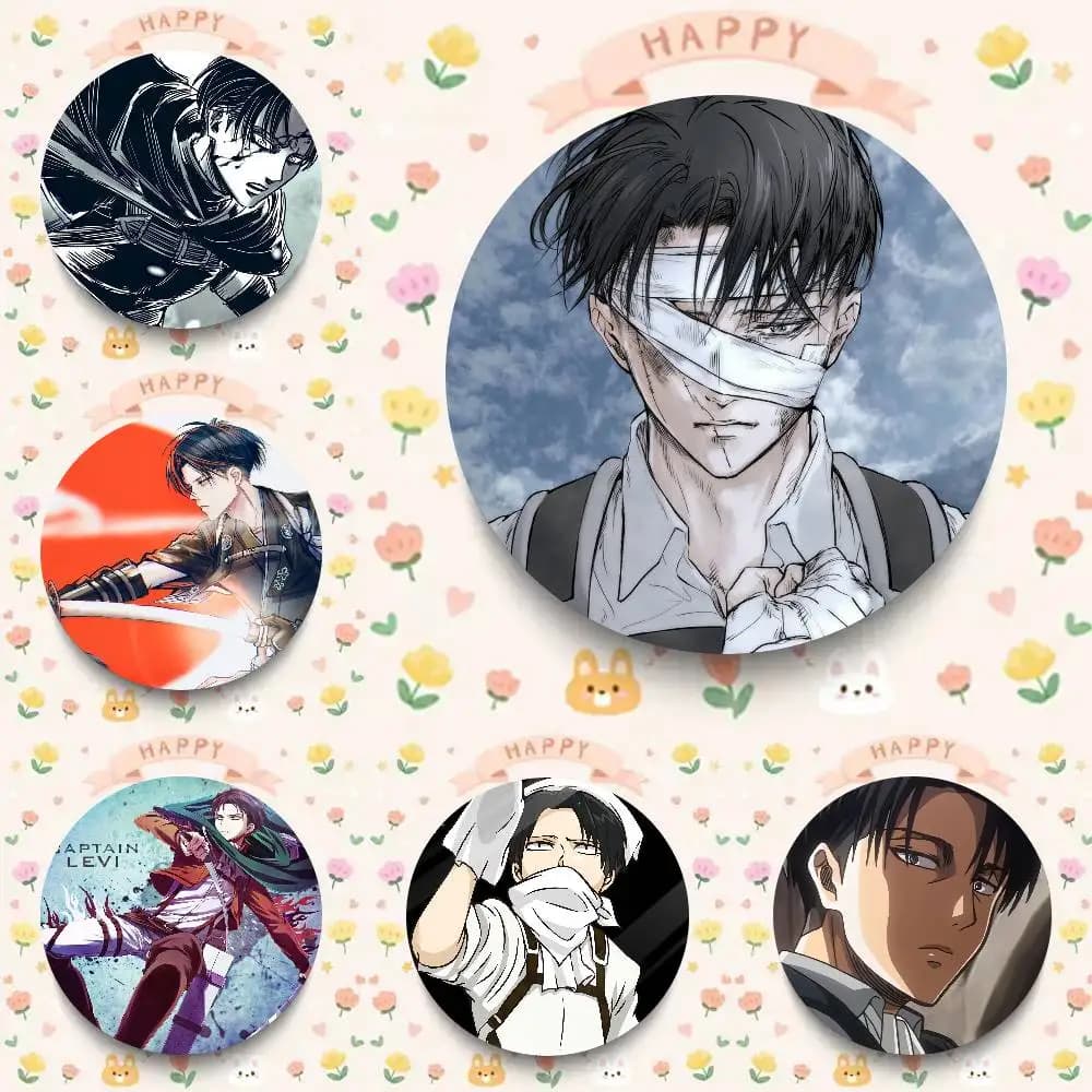 Spille smaltate rotonde stile cartone animato di Levi Ackerman (Attack On Titan) per decorazione zaino e accessori