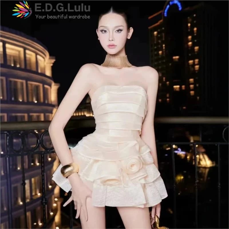 EDGLuLu Design Abito da Compleanno 3D con Fiori per Donna 2026 Senza Maniche, Senza Schienale, Sexy, Rosa, Senza Spalline 0428