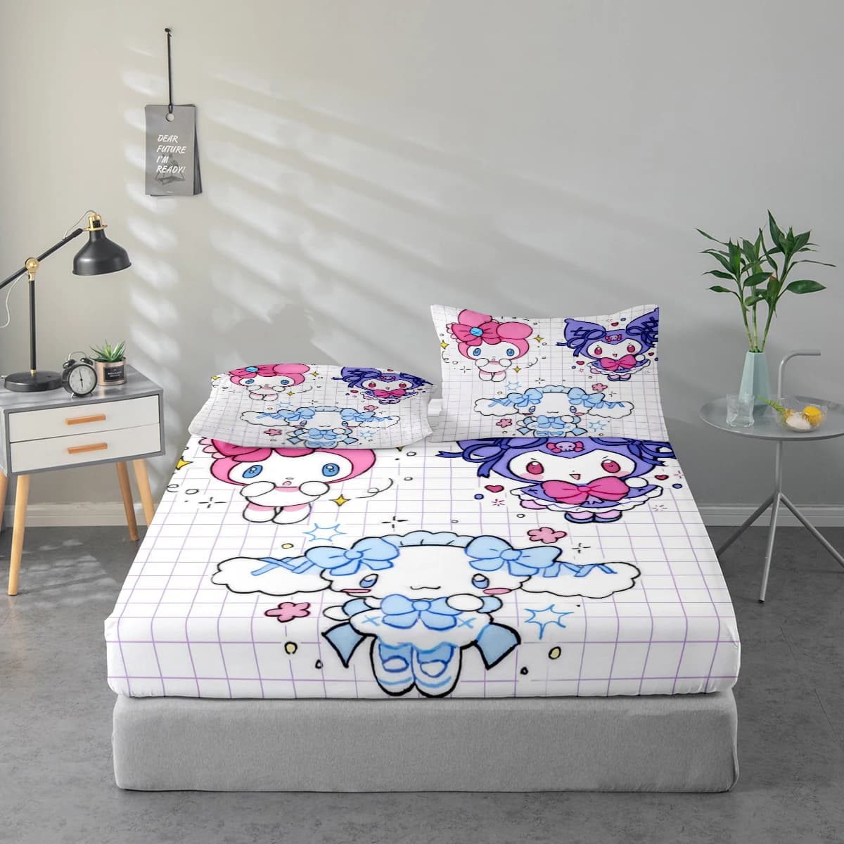 Set di lenzuola stampate digitalmente ad alta definizione in 3 pezzi, set di lenzuola con motivi a cartoni animati come My Melody e Kuromi, set di lenzuola con stampa floreale di grandi dimensioni, include 1 lenzuolo con angoli + 1/2 federa, adatto per camera da letto, camera degli ospiti, decorazioni per la casa, lenzuolo con angoli in fibra di poliestere + federa, biancheria da letto ultra morbida, tessuto spesso e ultra morbido, confortevole per tutte le stagioni, lavabile