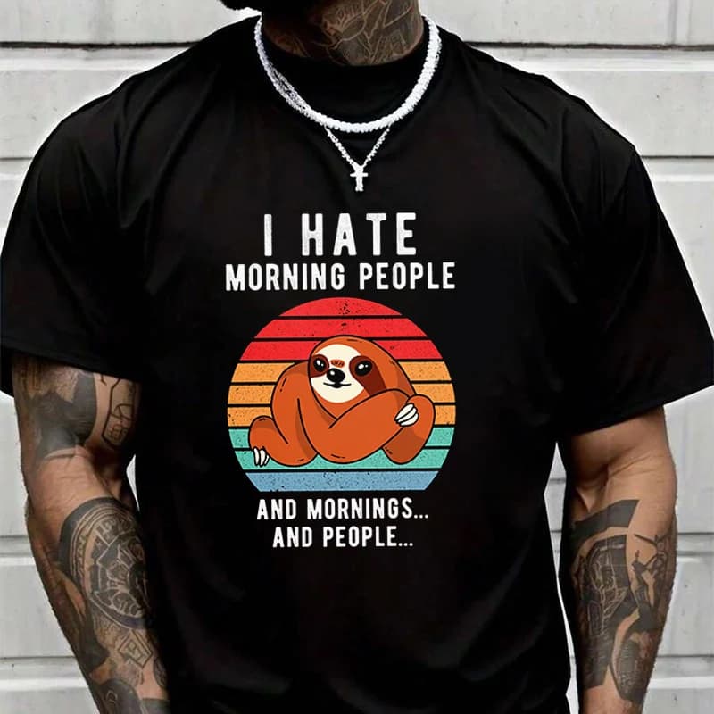 T-shirt con stampa grafica da uomo I Hate Morning People, stile casual alla moda, adatto per viaggi e sport.