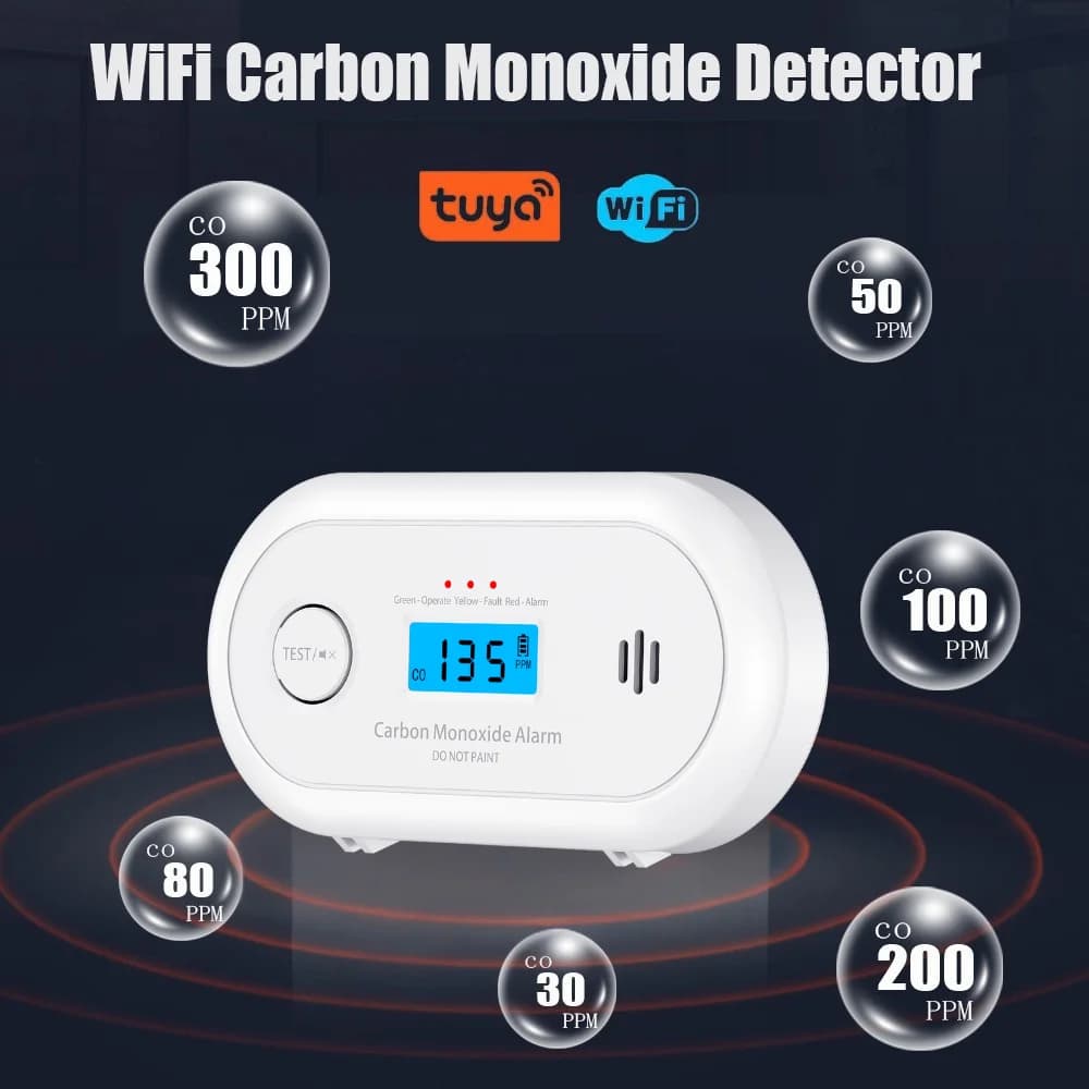 Rilevatore di monossido di carbonio Wi-Fi V-COME con controllo tramite app Tuya, allarme Wi-Fi per monossido di carbonio con batteria al litio a lunga durata, EN50291/CE