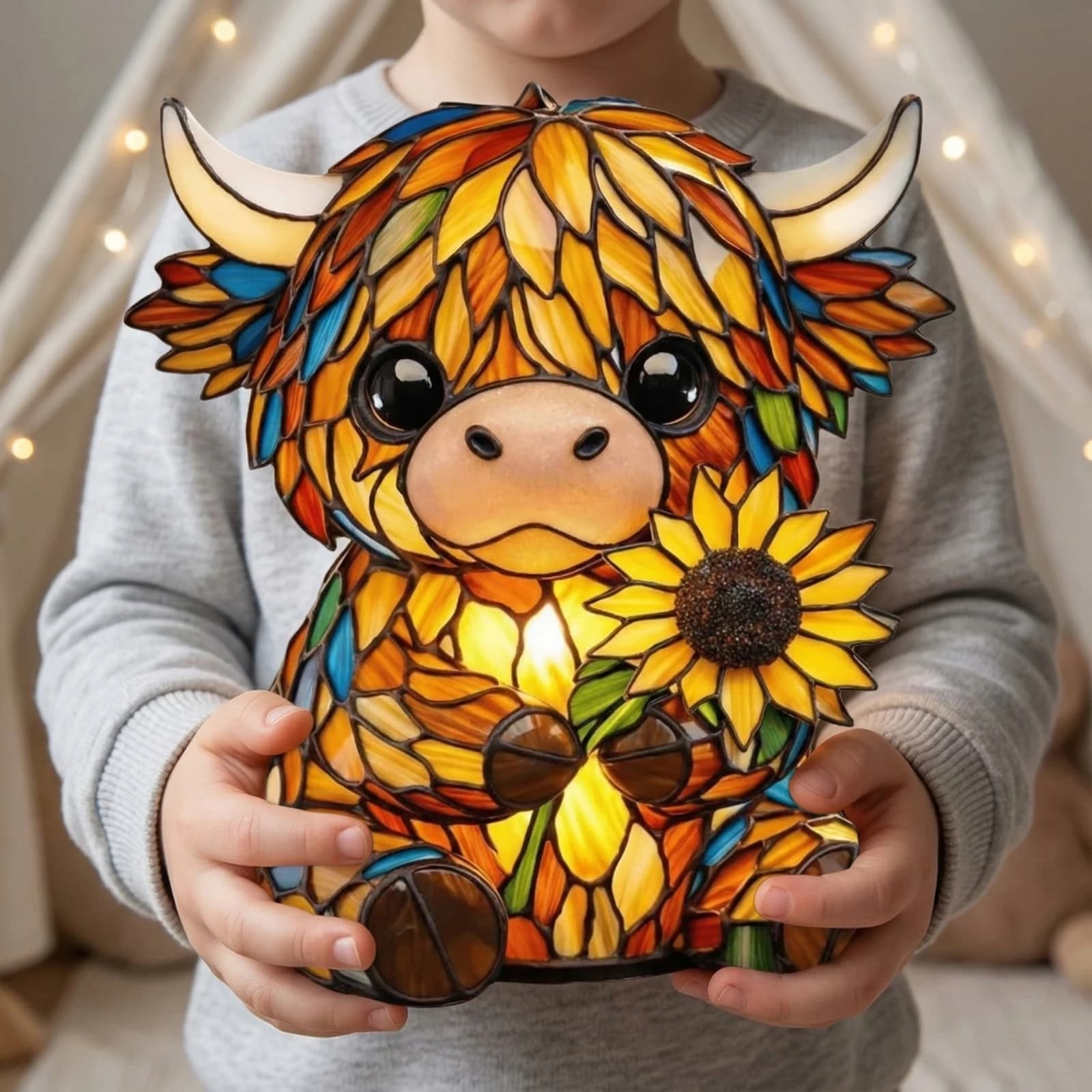 Lampada da Tavolo LED a Forma di Mucca delle Highland con Girasole, Decorazione Carina per Comodino, Ornamento Luminoso in Resina per Soggiorno e Scrivania