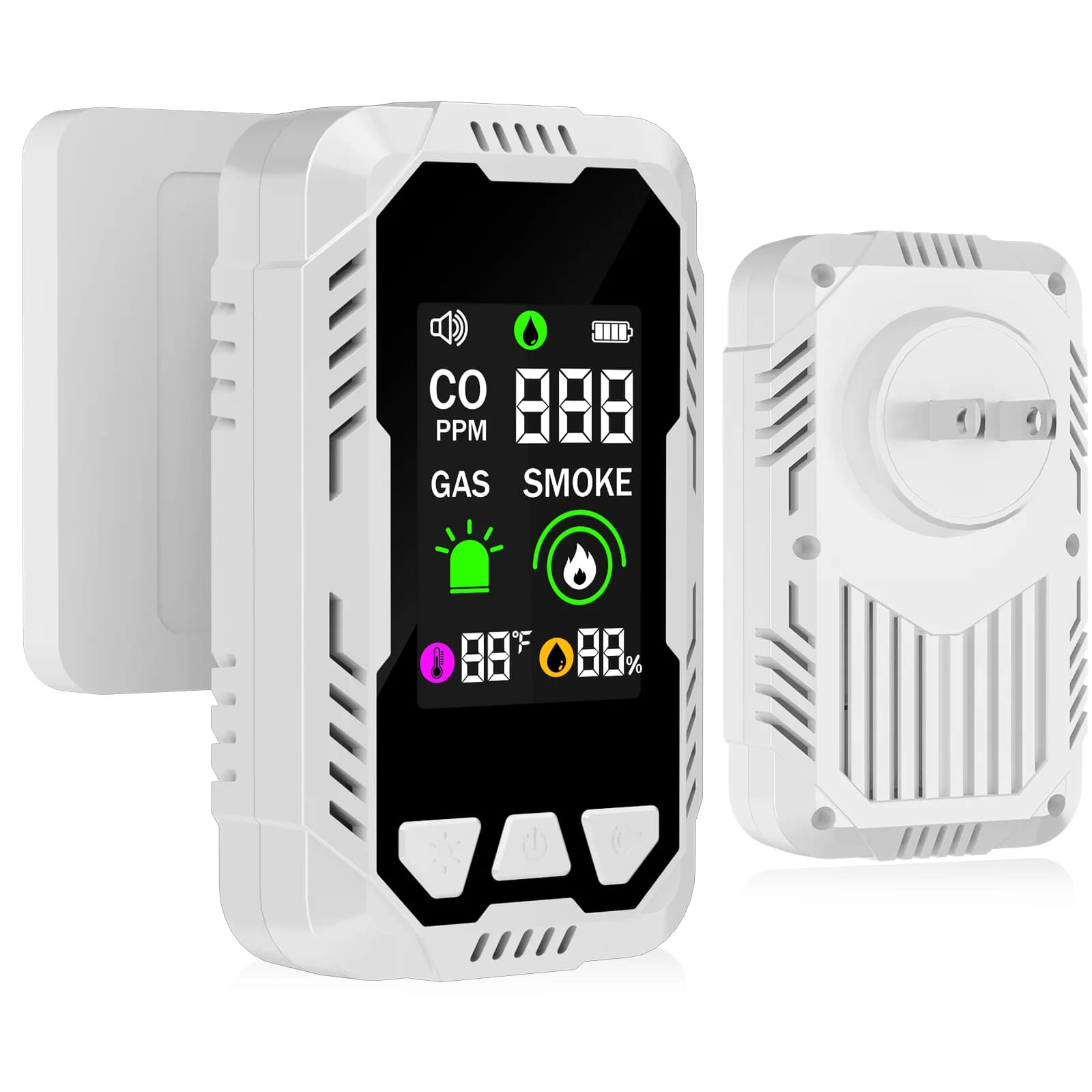 5-in-1 Carbon Monoxide Detector Combo with HD Screen, Detects CO, Natural Gas, Smoke, Temperature, Humidity for Home Hotel, Camping RV, Apartment Safety, Plug-in Monoxide Alarm with 2000mAh Battery
