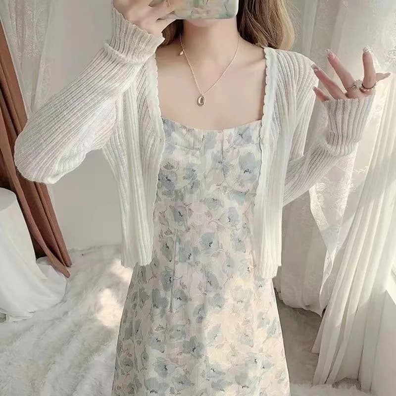 Cardigan bianco lavorato a maglia da donna, scollo a V, con finiture in pizzo, top estivo casual corto e trasparente