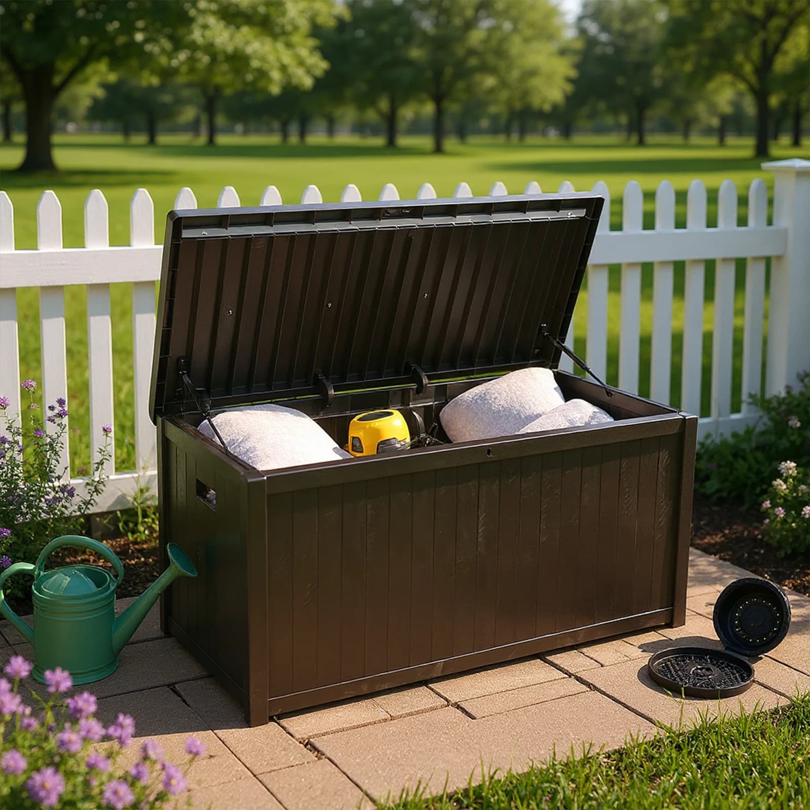 Grande Contenitore per Esterni con Serratura, Scatola per Organizzazione e Stoccaggio Impermeabile per Mobili, Cuscini da Esterno, Attrezzi da Giardino