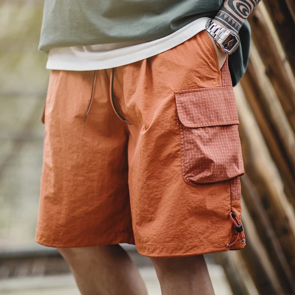 Maden Summer Men Straight Shorts Orange Patchwork percalle pantaloni larghi da spiaggia Plus Size Shorts elastico in vita leggero traspirante
