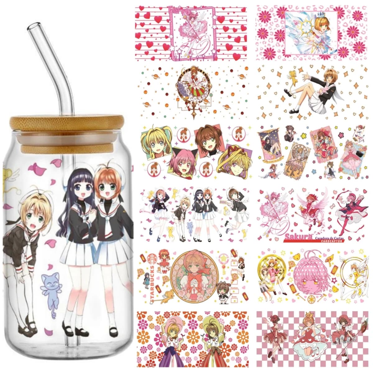 Adesivi trasferibili impermeabili per tazze da 16OZ con design popolari dell'anime Cardcaptor Sakura, tecnologia UV DTF.