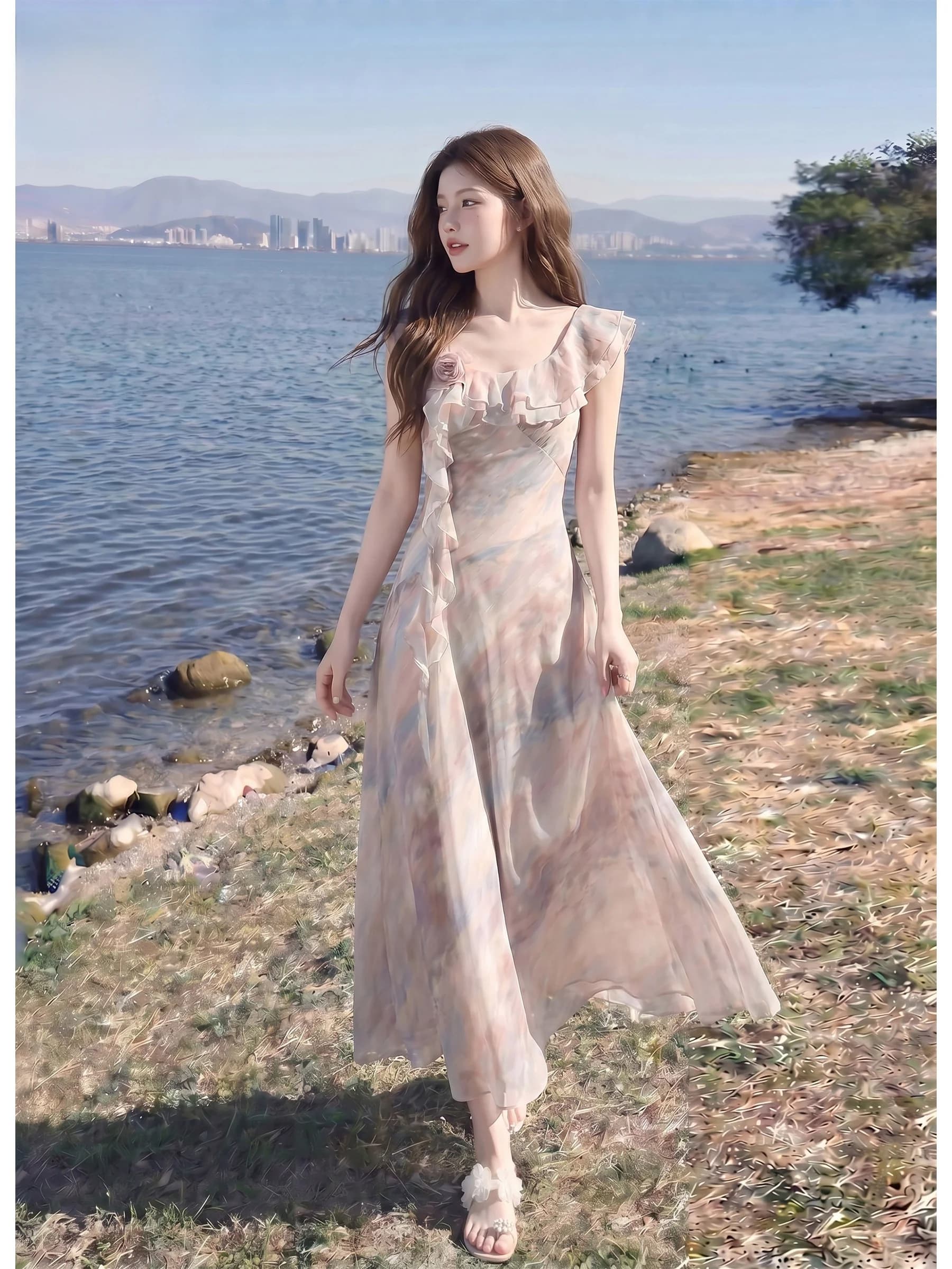Romantic Ombre Long Dress Women's Summer Waist Cinching Slimming Floral Collar Casual Style Gathered Skirt A-Line Silhouette