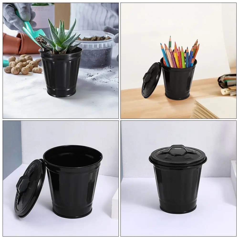 Set di 3 Mini Contenitori da Scrivania: Portapenne, Cestino in Metallo con Coperchio, Piccolo Cestino Multifunzionale, Vaso per Fiori, Organizzatore da Ufficio
