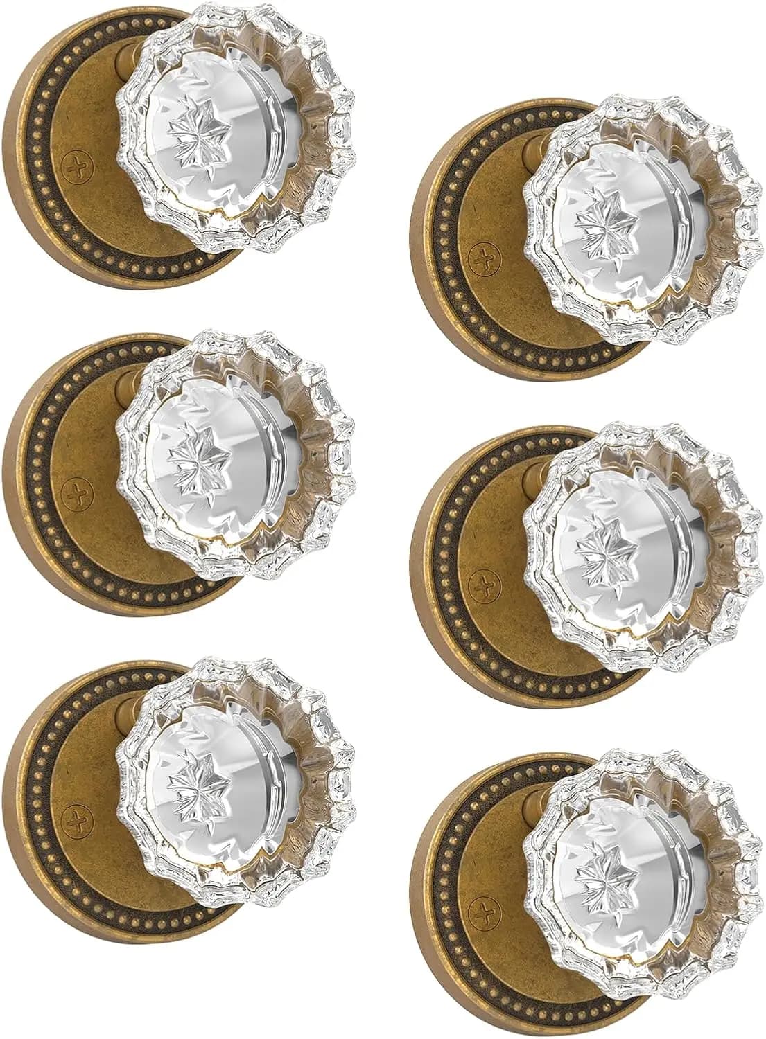 Set di 6 Maniglie per Porte con Serratura in Ottone Anticato e Cristallo, Stile Vintage per Camere da Letto e Bagni