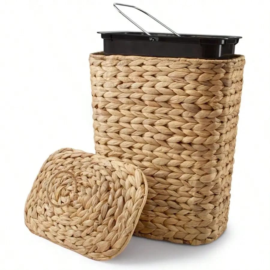 Cestino per Rifiuti in Vimini GALLONS con Coperchio, Cestino per Spazzatura in Giacinto d'Acqua per Bagno con Coperchio, Stile Boho