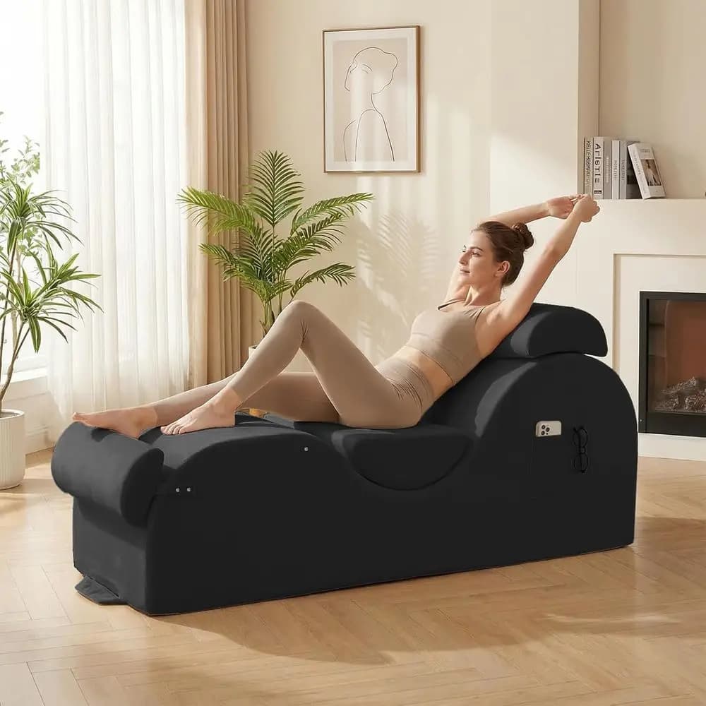 Poltrona Yoga a Forma di S con Tasche Laterali, Cuscino Lombare e Poggiapiedi Mobile per Relax e Stretching, Nera