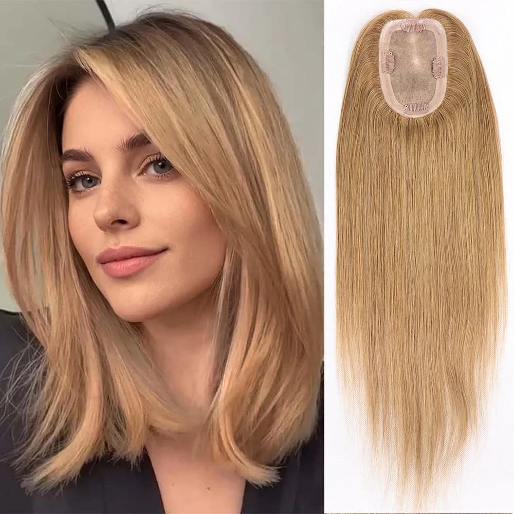 Toppers per capelli umani biondo miele per donna Clip dritta da 16 pollici nelle estensioni dei capelli Remy Mono Base Topper Parrucchino per capelli sottili