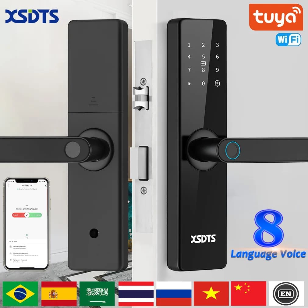 Serratura elettronica intelligente Tuya Wifi con impronta digitale biometrica / smart card / password / sblocco chiave / carica di emergenza USB