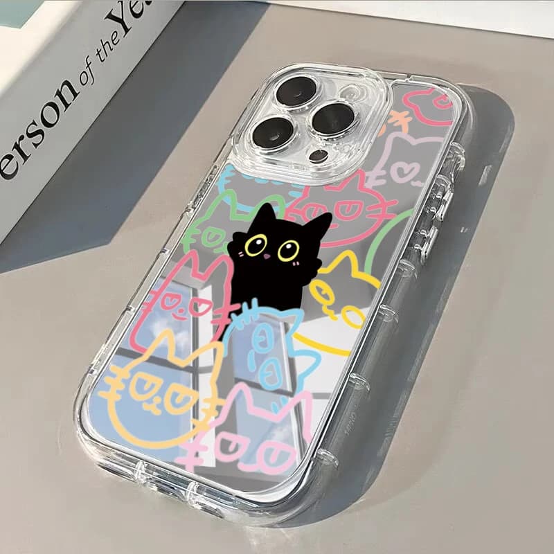 Custodia per telefono con specchietto posteriore e motivo gatto cartone animato per iPhone 17, compatibile con iPhone 11, 12, 14, 15, 16 Pro Max, XR, XS, 7, 8 Plus, 13, 16E