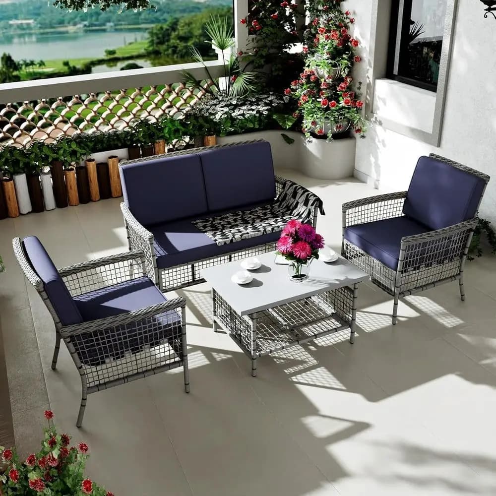 4-Piece Outdoor Patio Furniture Set: Wicker Rattan Chairs, Loveseat, Side Table with Cushions, Weather-Resistant Seating for Bac