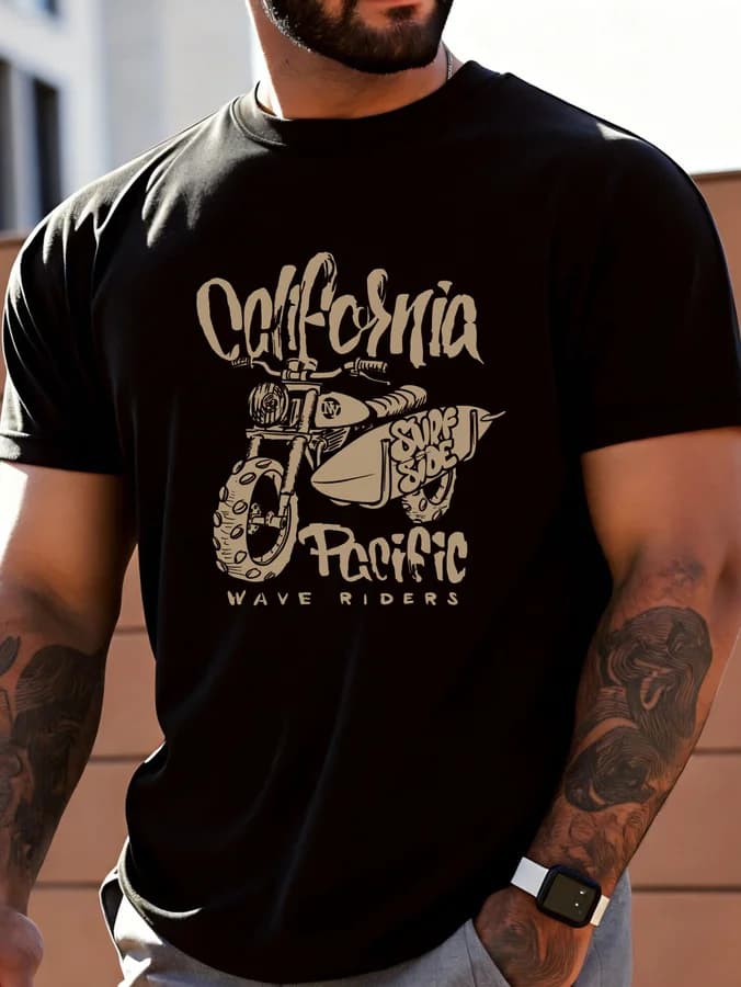 Casual Streetwear Style Men's T-Shirt California Pacific Wave Riders Surf Motorcycle Graphic Summer Beach Wear Gift for Him