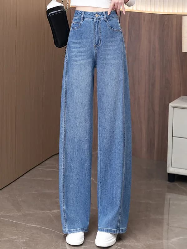 Jeans da donna a vita alta, drappeggiati, a gamba larga, blu chiaro, modello Knife, primavera autunno, nuovo stile, che nascondono le imperfezioni e valorizzano la figura