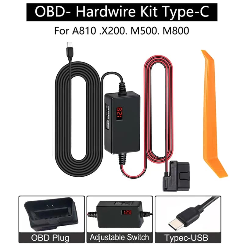 For 70mai Dash Cam A810 OBD Hardwire Power Cable Kit Type USB port C 10FT 12V-24V to 5V for Dash Camera Low Voltage Protection