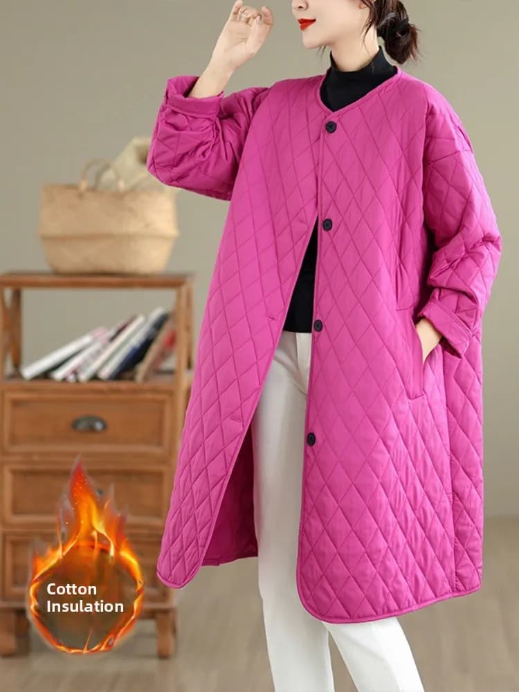 Elegante Giacca Lunga Oversize Senza Risvolto con Motivo a Rombi in Cotone, Cappotto Invernale da Donna Imbottito con Bottoni, Stile Artistico Casual