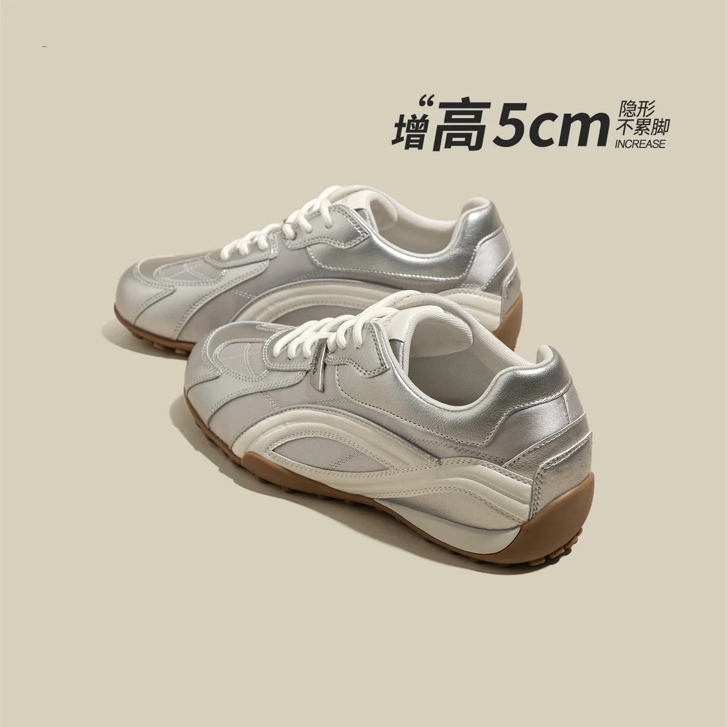 5CM Hidden Height Increasing Silver Retro Sneakers for Women Lace‑Up Non‑Slip Gum Sole Platform Casual Walking Shoes