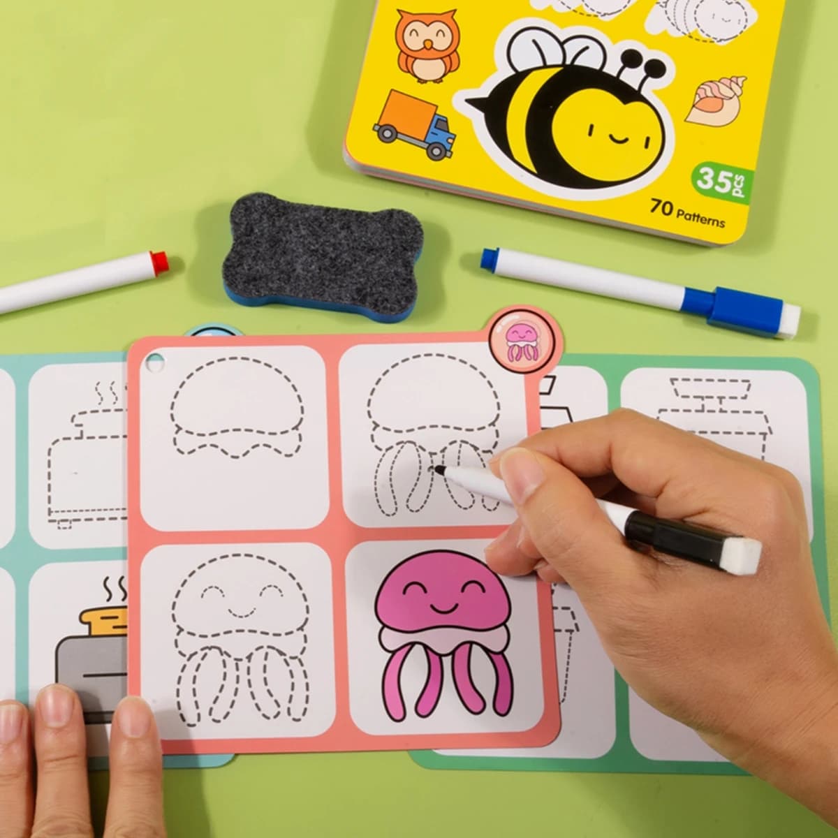 70-Pattern Step-By-Step Simple Drawing Cards Book, Reusable Doodle Set, Cartoon Educational Line Drawing for Beginners, Kindergarten Art Activity Teaching Aids, Drawing Skills and Pen Control Training